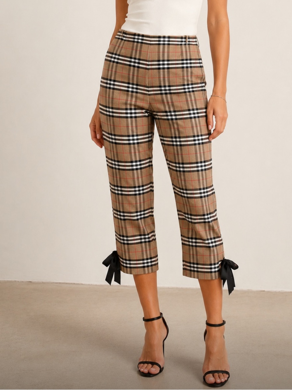Vintage Karen Warren 100% Silk Nova Check Print High Rise Capri Pants